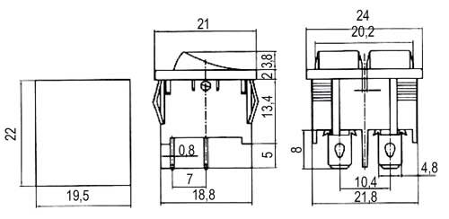 Přepínač kolébkový 2x(2pol./2pin) ON-OFF dvojitý černý O-I 12V