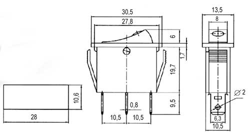 Přepínač kolébkový 2pol./3pin ON-OFF 250V/15A prosv. bod R