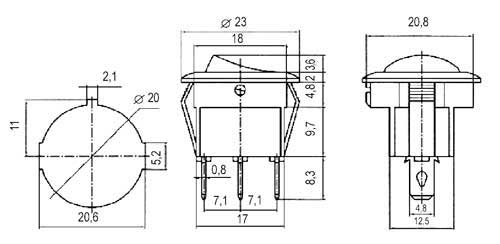 Přepínač kolébkový kul. 2pol./3pin ON-ON 250V/6A černý