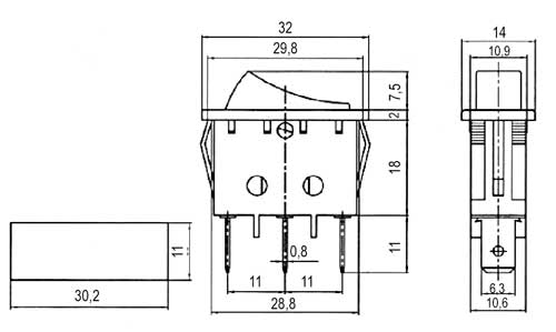 Přepínač kolébkový 2pol./3pin ON-ON 250V/15A černý