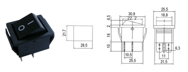 Přepínač kolébkový 2pol./4pin ON-OFF 250V/15A černý