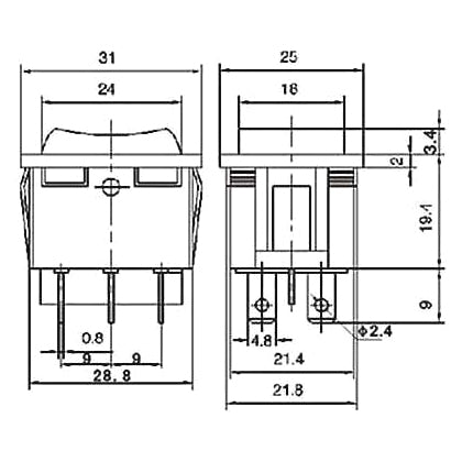 Přepínač kolébkový 3pol./6pin (ON)-OFF-(ON) 250V/15A černý
