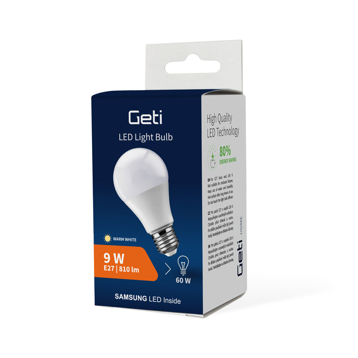 Žárovka LED E27 9W A60 bílá teplá GETI SAMSUNG čip