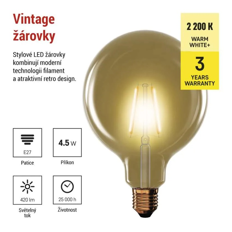 Žárovka LED E27 4,5W G125 bílá teplá EMOS Z58032 Vintage
