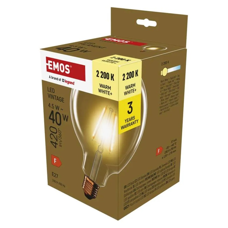 Žárovka LED E27 4,5W G125 bílá teplá EMOS Z58032 Vintage