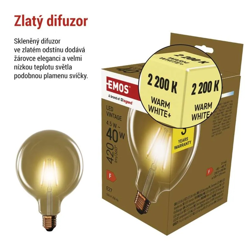 Žárovka LED E27 4,5W G125 bílá teplá EMOS Z58032 Vintage