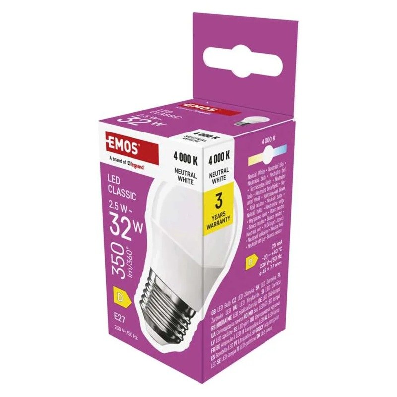 Žárovka LED E27 2,5W Classic Mini Globe bílá přírodní EMOS ZQ6D13