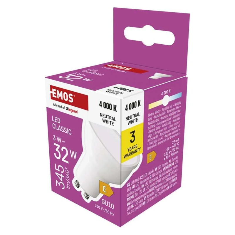 Žárovka LED GU10 3W MR16 bílá přírodní EMOS ZQ8E13