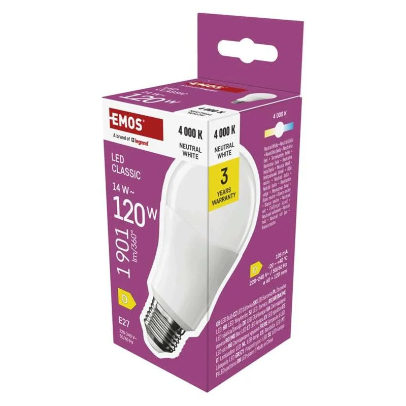 Žárovka LED E27 14W Classic A60 bílá přírodní EMOS ZQ5D76
