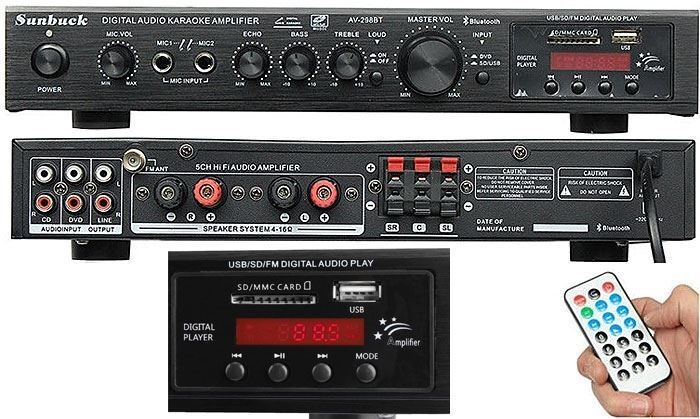 Zesilovač 5.0, rádio, bluetooth, přehrávač MP3, Sunbuck AV-298BT černý
