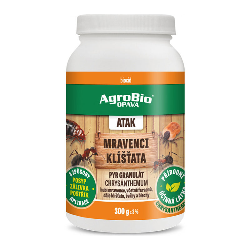 Granule proti mravencům, klíšťatům, švábům AGROBIO Atak PYR Chrysanthemum 300g - expirace 2/2026