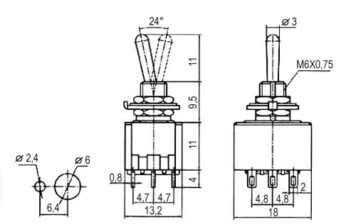 Přepínač páčkový    2pol./9pin  ON-ON  12V