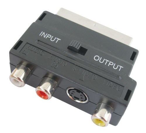 Redukce Scart konektor/ 3 x CINCH zdířka + SVHS + přepínač IN/OUT TIPA D922