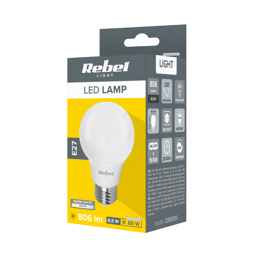 Žárovka LED E27 8,5W A60 bílá teplá REBEL ZAR0551