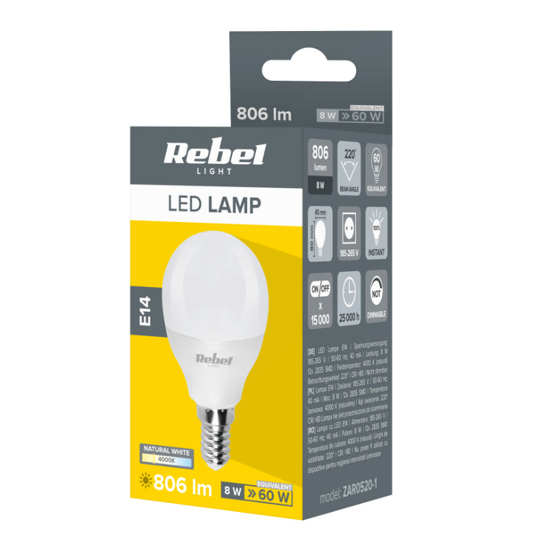 Žárovka LED E14 8W G45 bílá přírodní REBEL ZAR0520-1