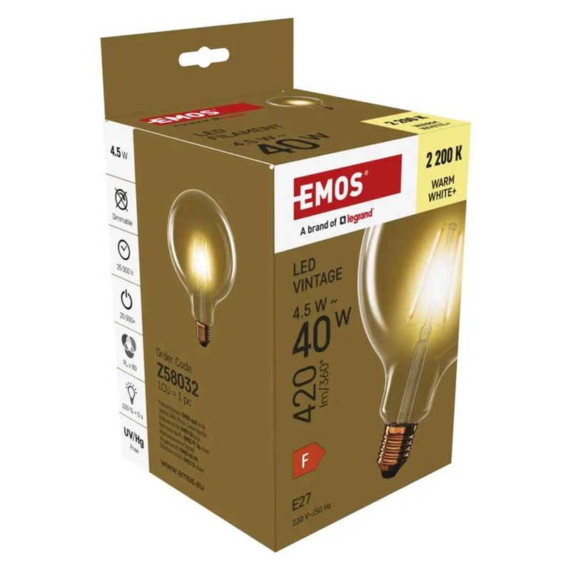 Žárovka LED E27 4,5W G125 bílá teplá EMOS Z58032 Vintage