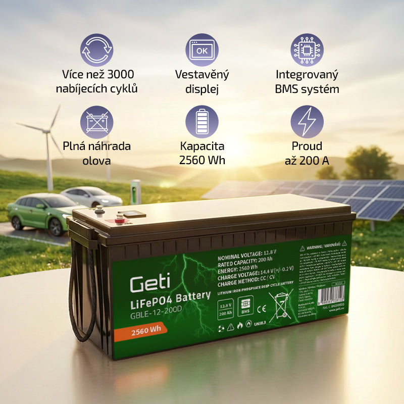 Baterie LiFePO4 12,8V 200Ah GETI GBLE-12-200D displej