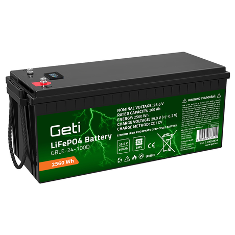 Baterie LiFePO4 25,6V 100Ah GETI GBLE-24-100D displej