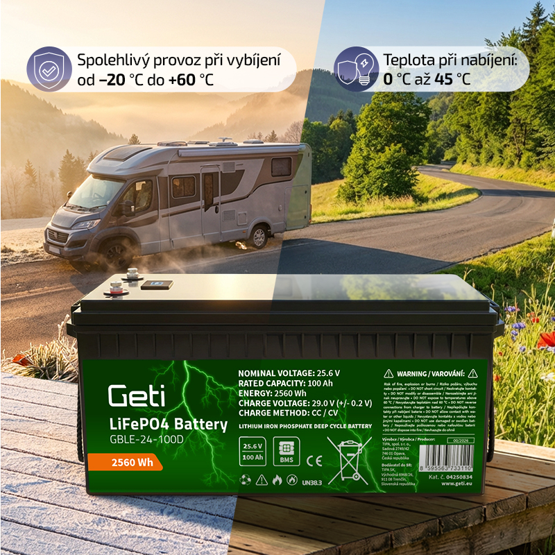 Baterie LiFePO4 25,6V 100Ah GETI GBLE-24-100D displej