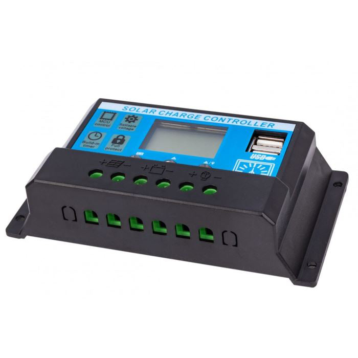 Solární regulátor PWM 12-24V/30A+USB pro Pb baterie, LiFePO4, Li-ion