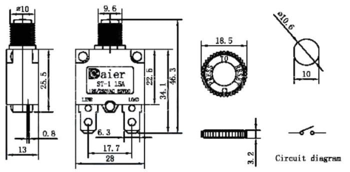 Nadproudový tepelný jistič ST-1 250VAC/7A nebo 32VDC/7A