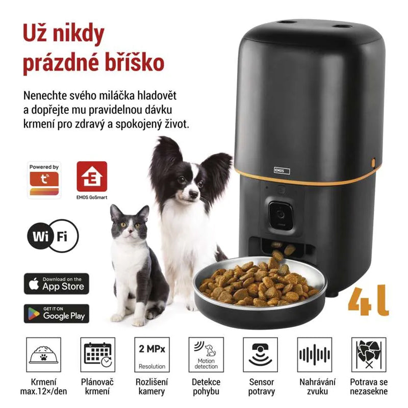 GoSmart dávkovač krmiva EMOS H6004 Pet Care s kamerou, 4 l, černý, Wi-Fi