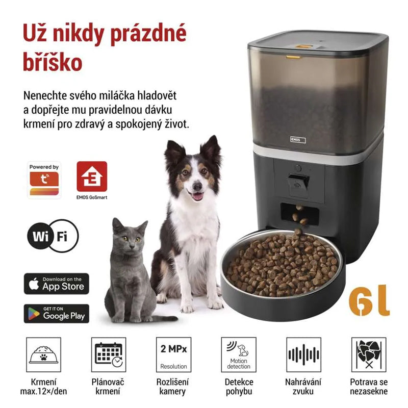GoSmart dávkovač krmiva EMOS H6006 Pet Care s kamerou, 6 l, černý, Wi-Fi
