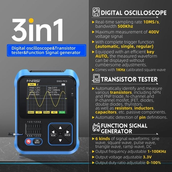 Osciloskop, generátor funkcí a tester součástek FNIRSI DSO-TC3.