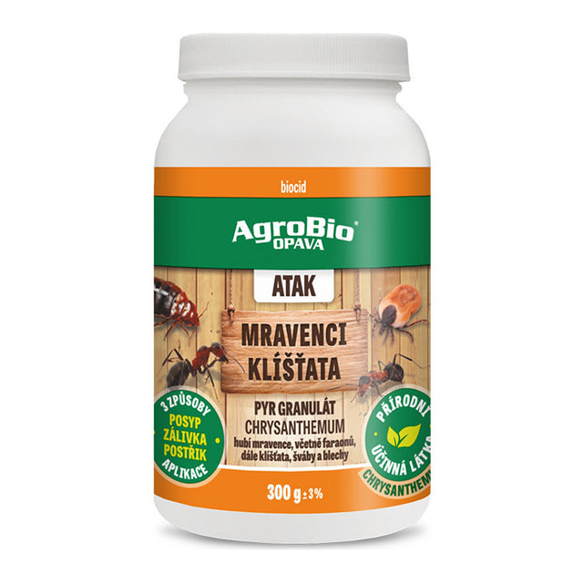 Granule proti mravencům, klíšťatům, švábům AGROBIO Atak PYR Chrysanthemum 300g - expirace 2/2026
